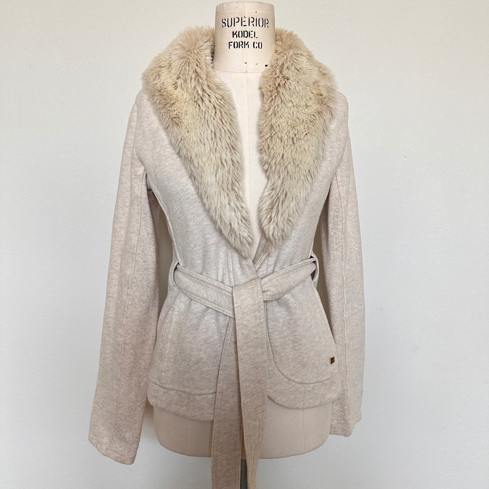 Armani Exchange Faux Fur Collar Wrap Jacket Oatmeal Belted Fleece Coat Mens M